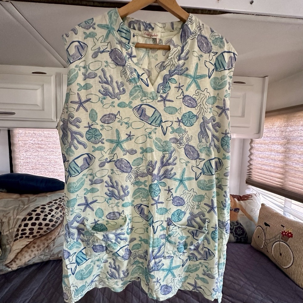 FRESH PRODUCE Long Cotton Blouse‎ Size M / L Women's V Neck Sea Life Coral Top